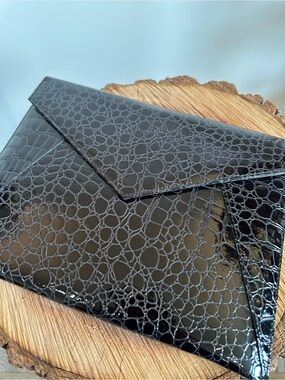 Glossy Black Croc-Embossed Envelope Clutch